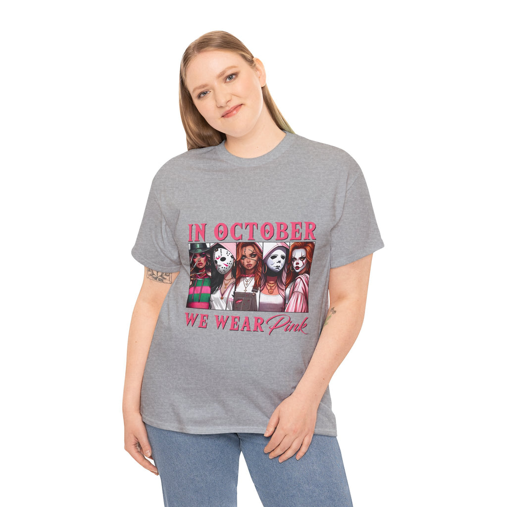 October We Wear Pink Horror Movie Characters T-Shirt — Breast Cancer Awareness Tee