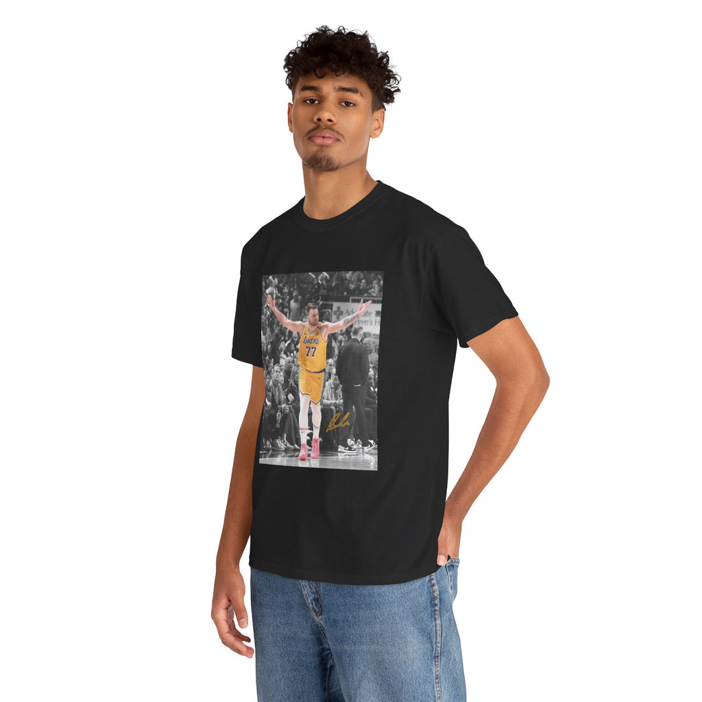 Luka Doncic Basketball Player Photo Tee — Number 77 Yellow Jersey