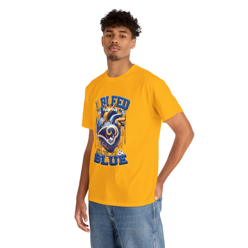 Graphic T-Shirt — Rams "I Bleed Gold & Blue" Football Heart Design