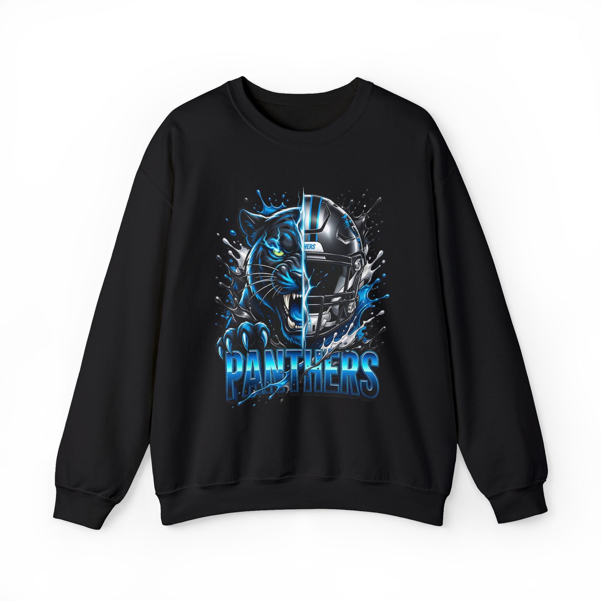 Panthers Split-Graphic Crewneck Sweatshirt — Blue Panther Helmet Design