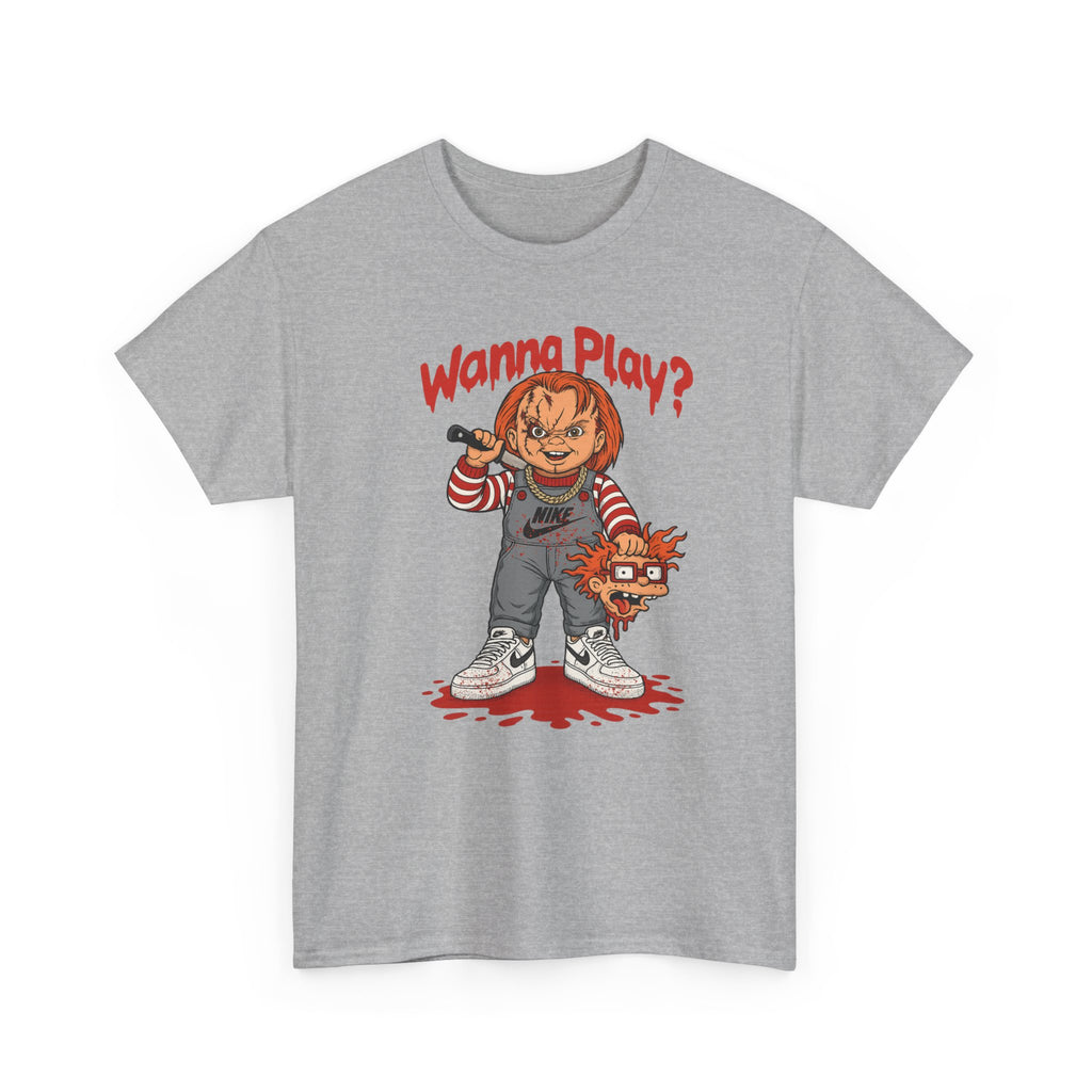 Horror Doll Graphic T-Shirt — "Wanna Play?" Creepy Chucky Style Tee