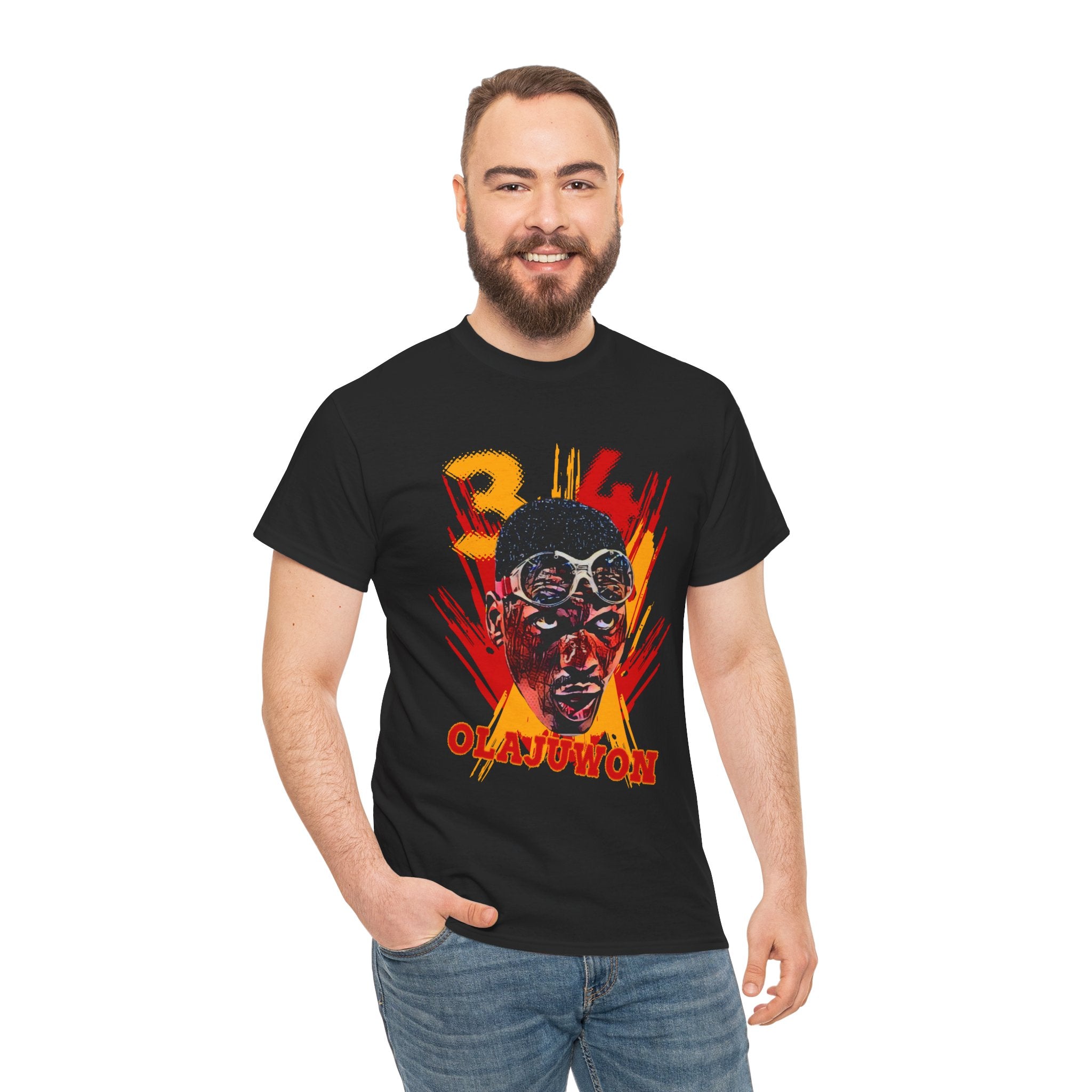 Hakeem Olajuwon Graphic Tee — Retro Red & Yellow Portrait T-Shirt