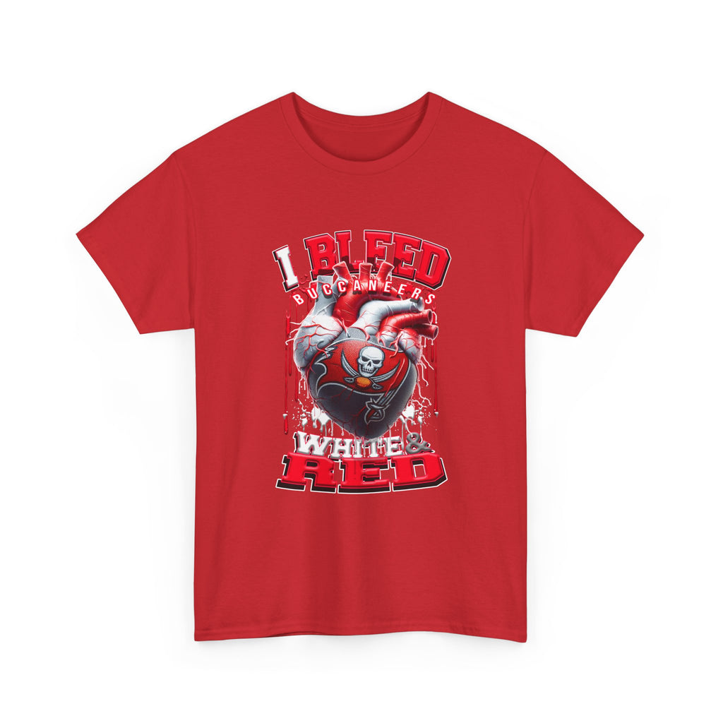 I Bleed Buccaneer Red T-Shirt — Football Fan Heart Graphic Tee