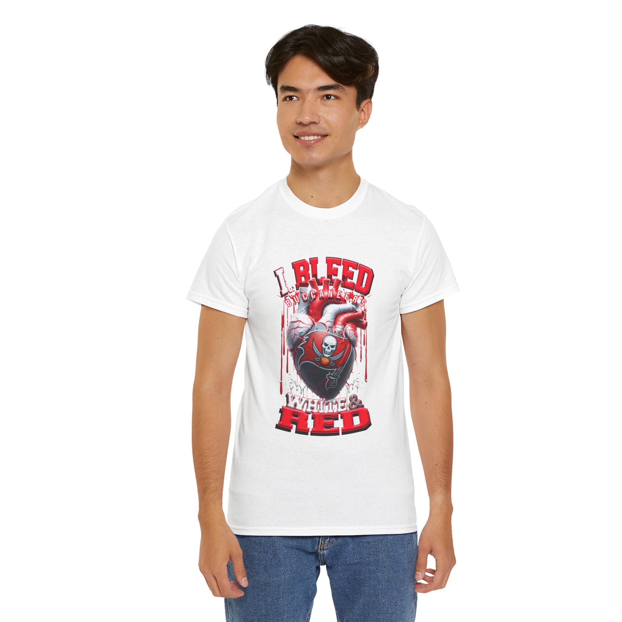 I Bleed Buccaneer Red T-Shirt — Football Fan Heart Graphic Tee