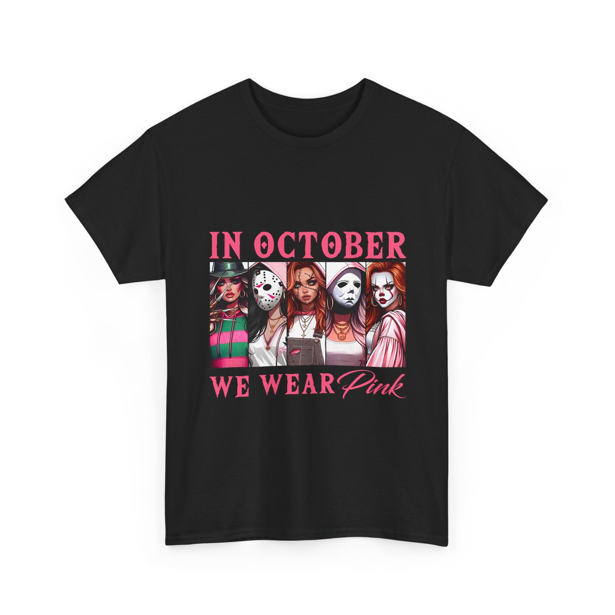 October We Wear Pink Horror Movie Characters T-Shirt — Breast Cancer Awareness Tee