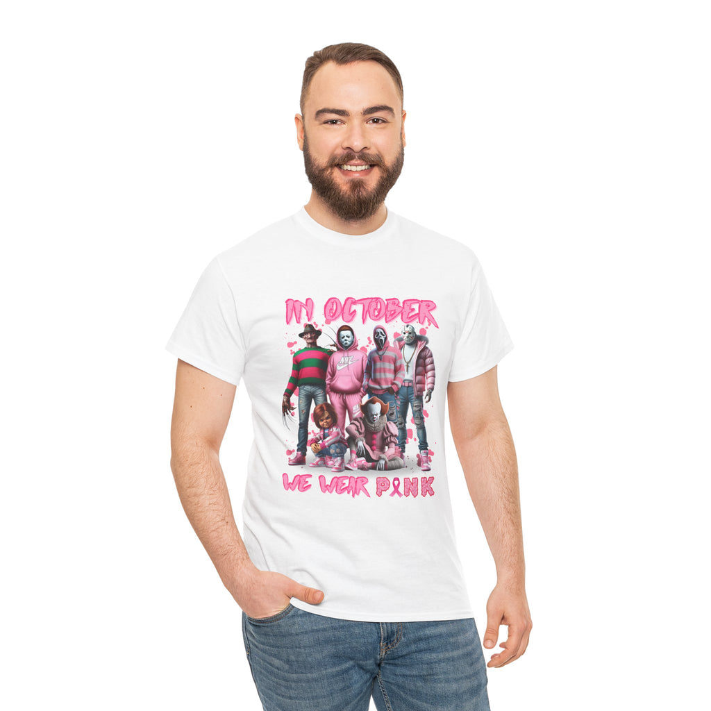 T-Shirt — "In October We Wear Pink" Breast Cancer Awareness Horror Characters Tee