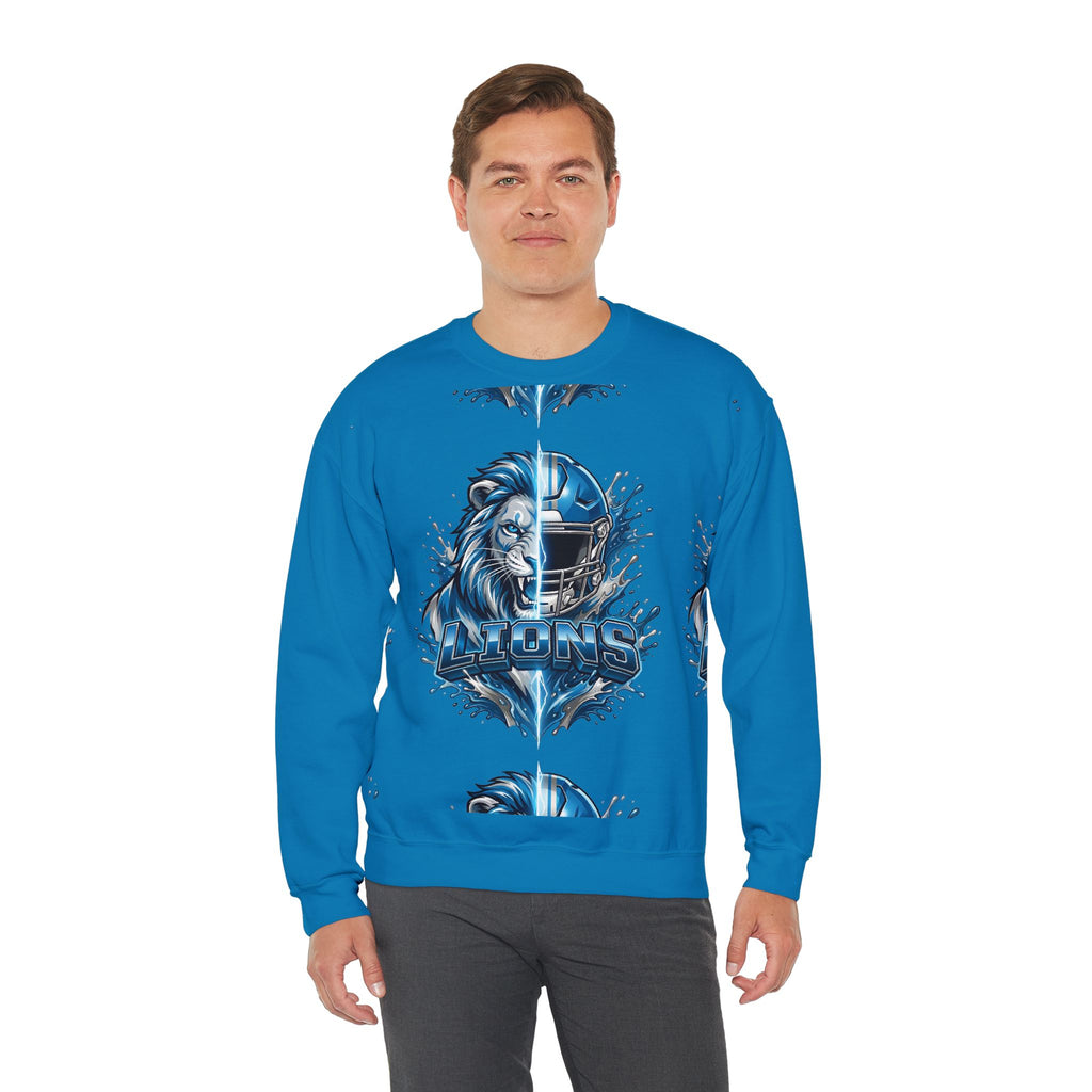 Lions Football Crewneck Sweatshirt — Blue Lion Helmet Graphic