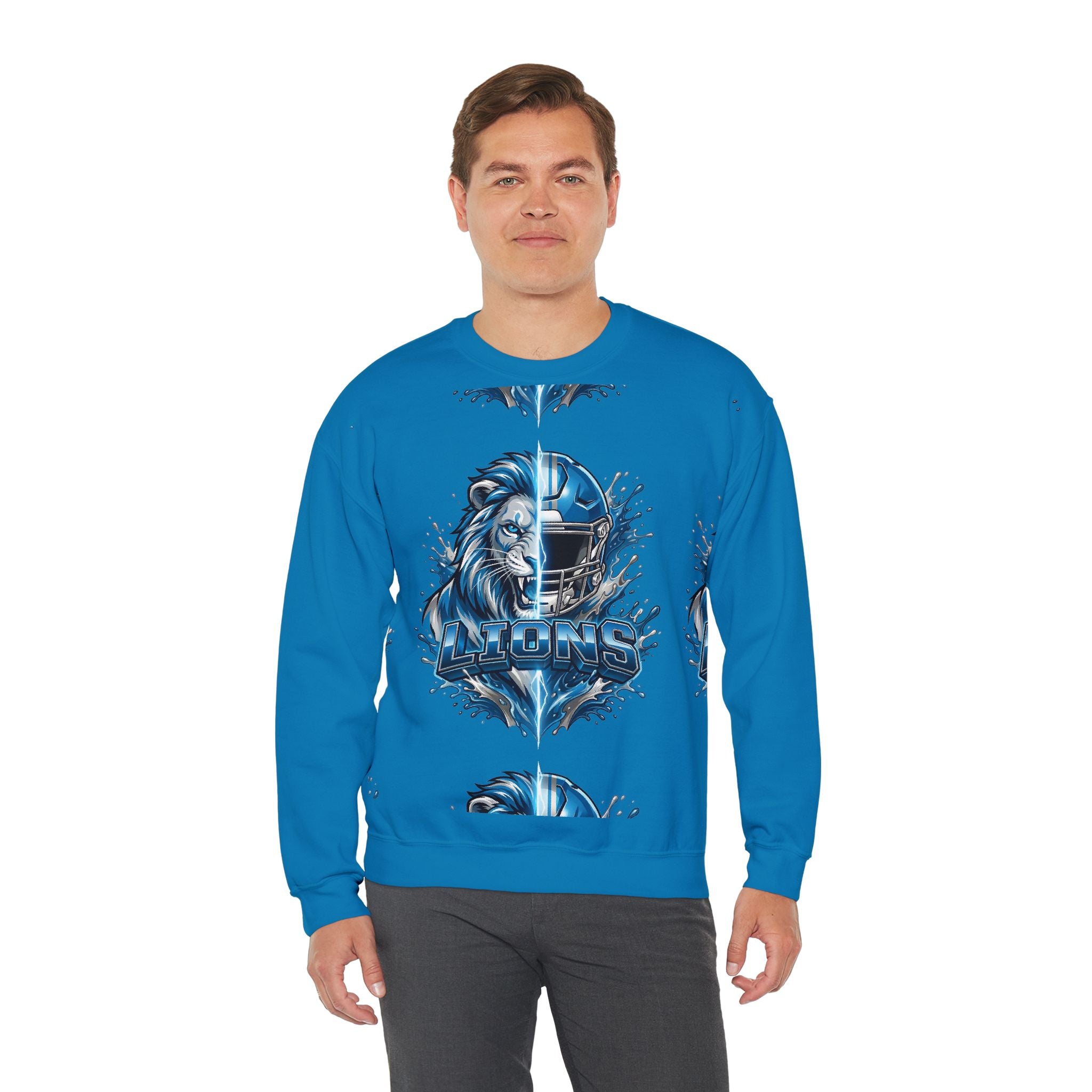 Lions Football Crewneck Sweatshirt — Blue Lion Helmet Graphic