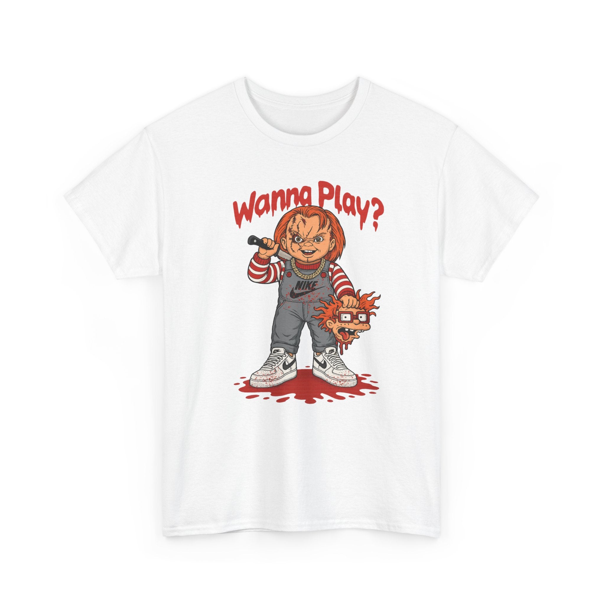 Horror Doll Graphic T-Shirt — "Wanna Play?" Creepy Chucky Style Tee