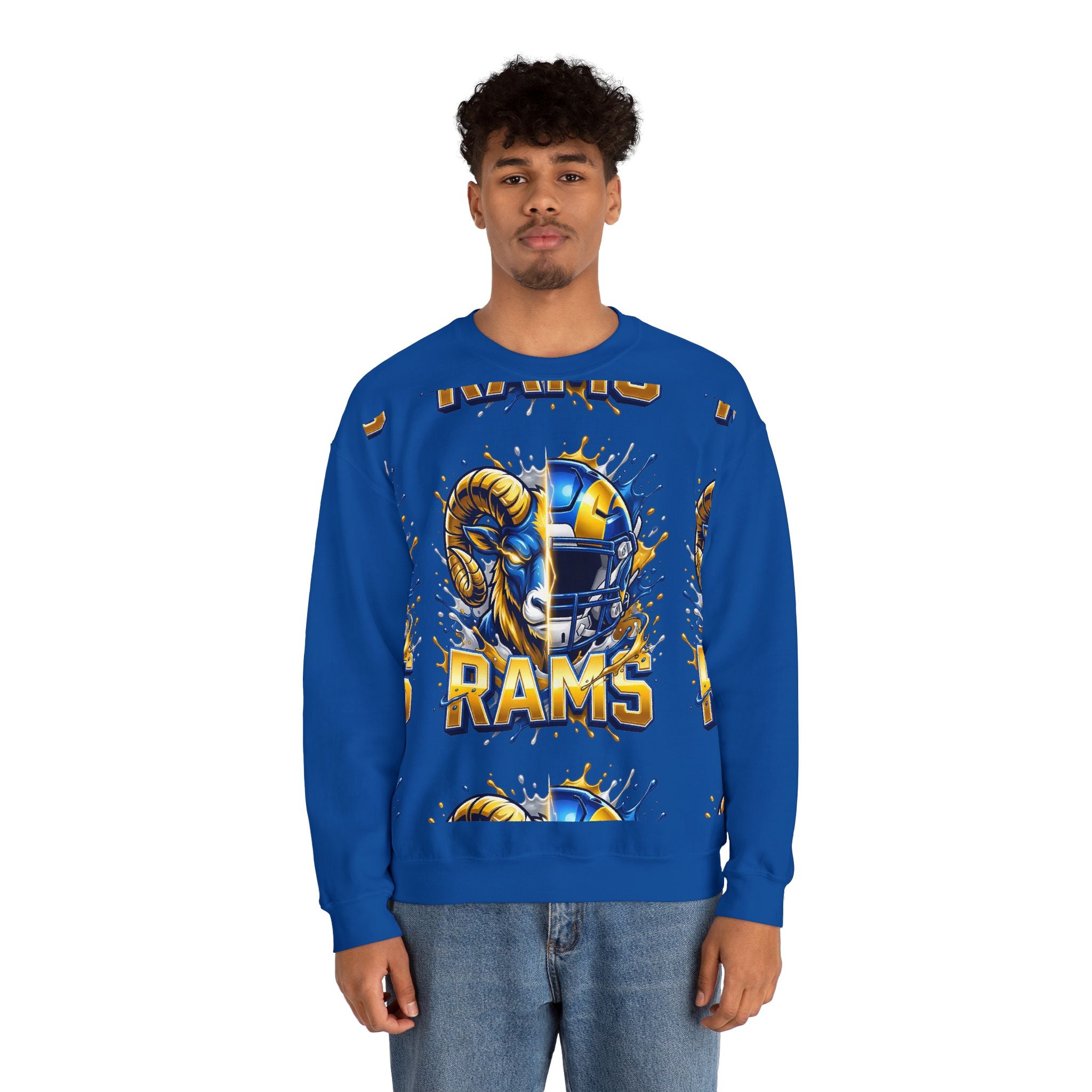 Rams Football Crewneck Sweatshirt — Helmet & Ram Skull Graphic