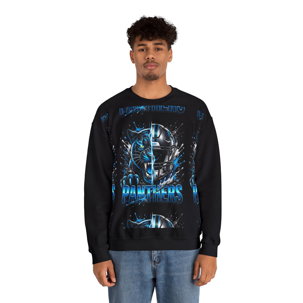 Panthers Split-Graphic Crewneck Sweatshirt — Blue Panther Helmet Design