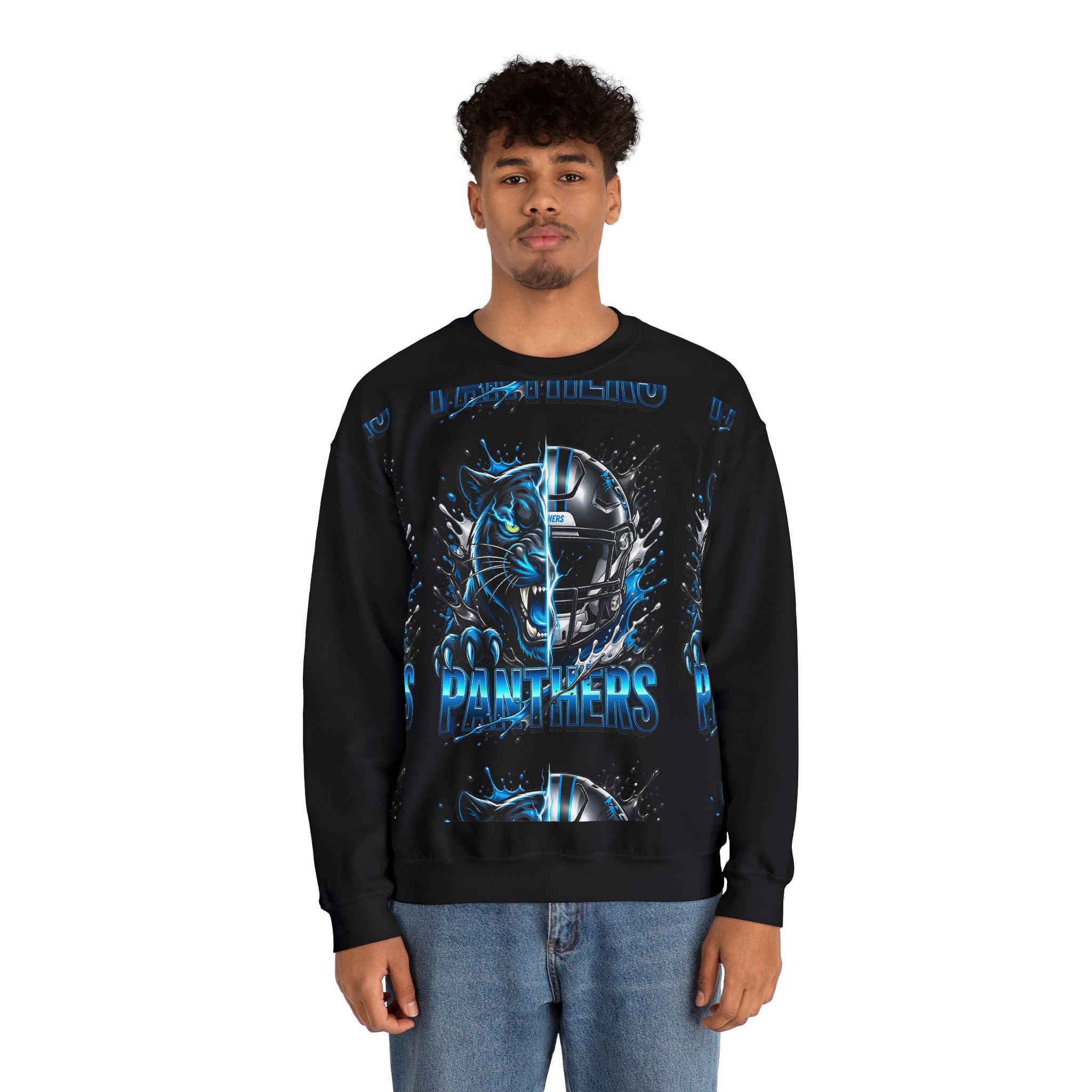 Panthers Split-Graphic Crewneck Sweatshirt — Blue Panther Helmet Design