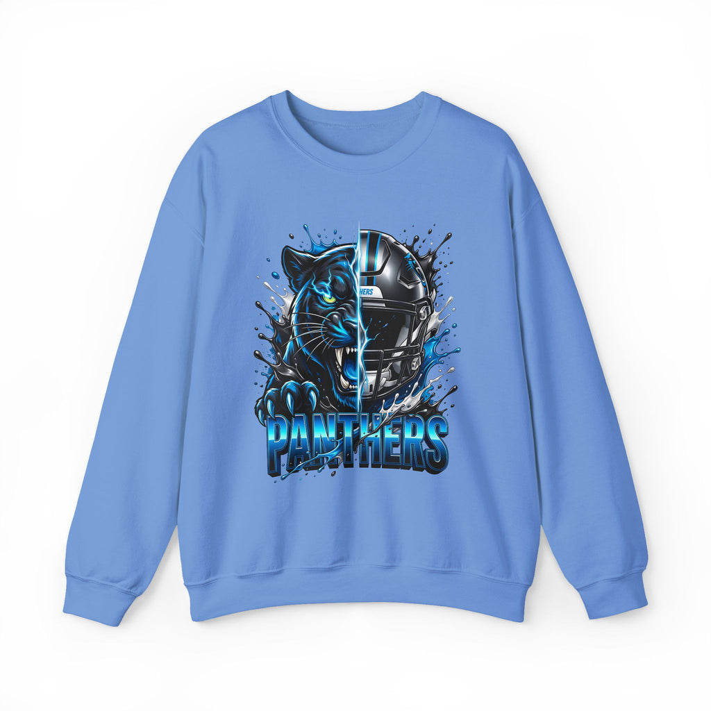 Panthers Split-Graphic Crewneck Sweatshirt — Blue Panther Helmet Design
