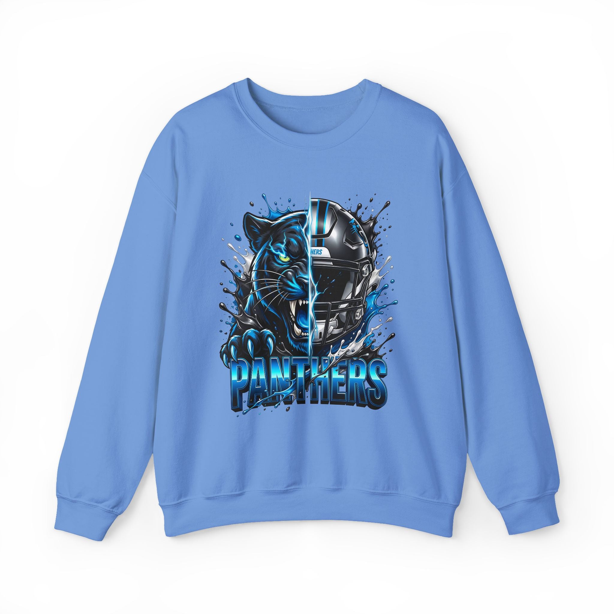Panthers Split-Graphic Crewneck Sweatshirt — Blue Panther Helmet Design