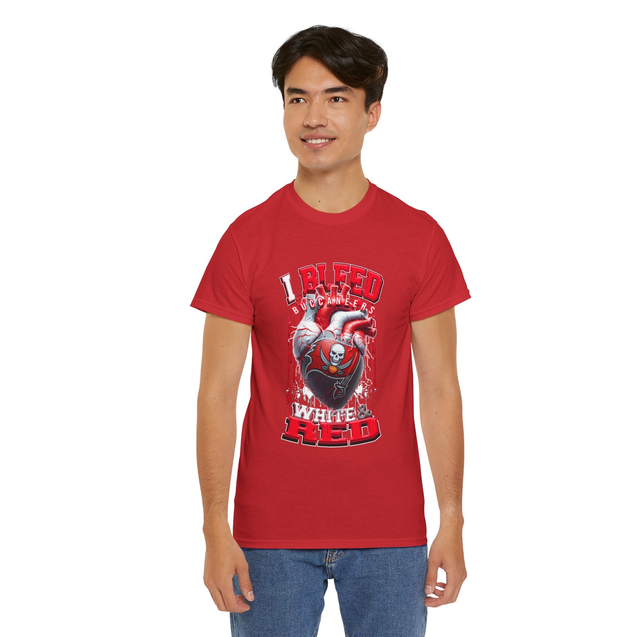 I Bleed Buccaneer Red T-Shirt — Football Fan Heart Graphic Tee
