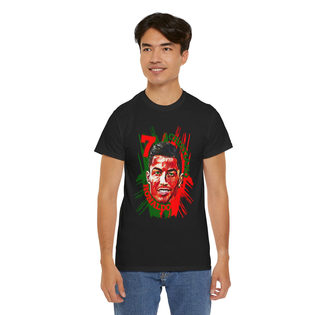 Ronaldo Number 7 Soccer Fan Tee — Red & Green Portrait Graphic