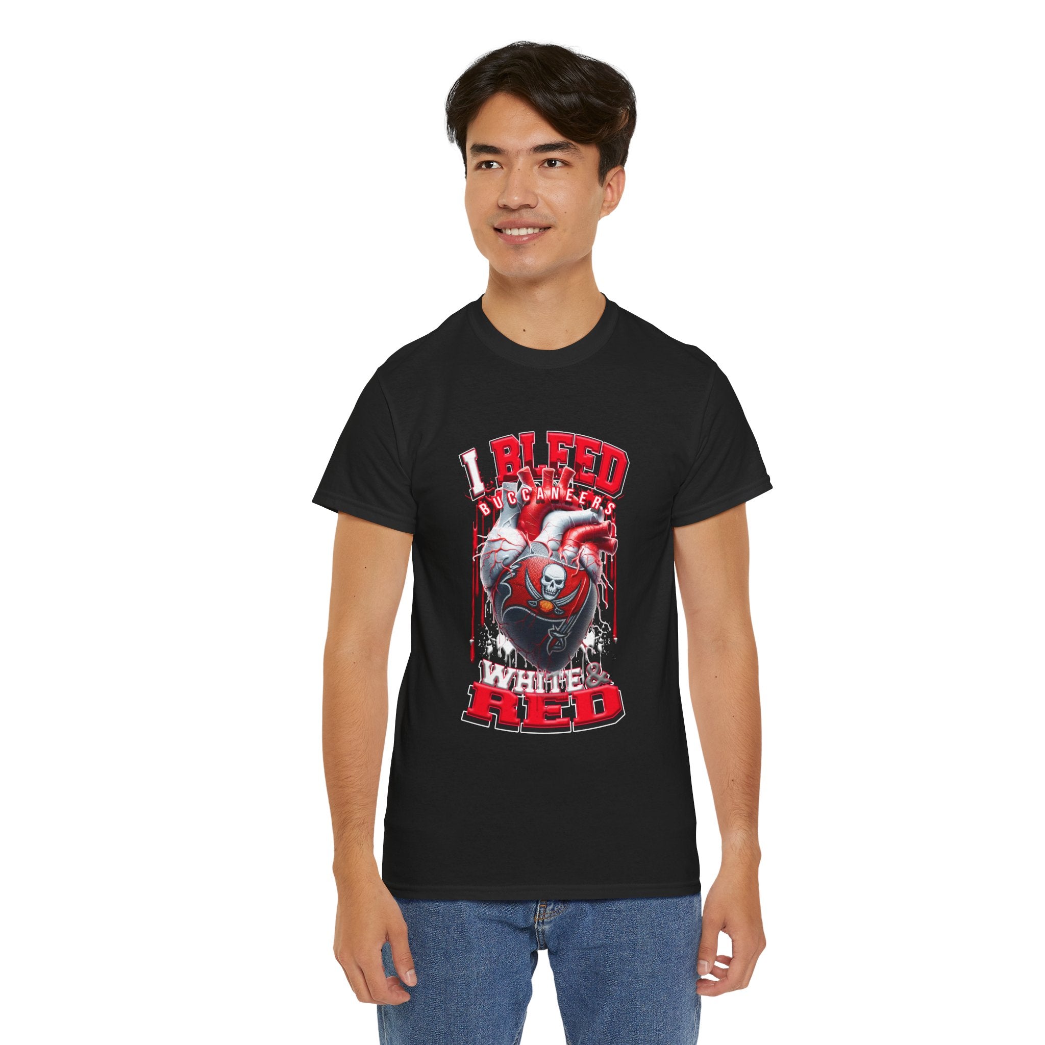 I Bleed Buccaneer Red T-Shirt — Football Fan Heart Graphic Tee